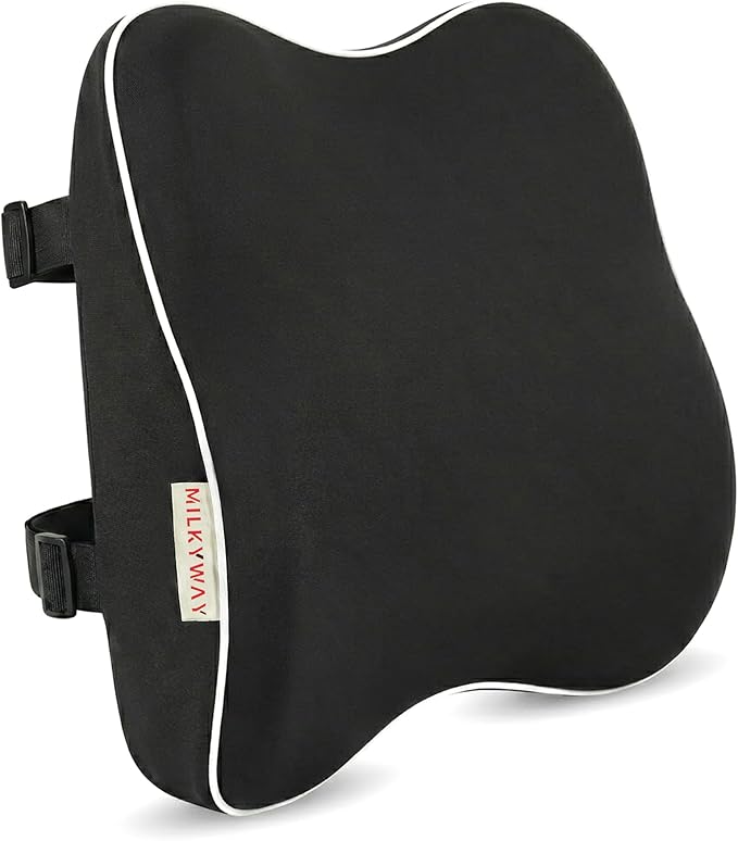 Milkyway Back Support for Office Chair, Memory Foam Lumbar Support Pillow with Cooling Breathable Cover, Adjustable Strap and Extra Extension Strap, for Car Seat, Home, Gaming, Black