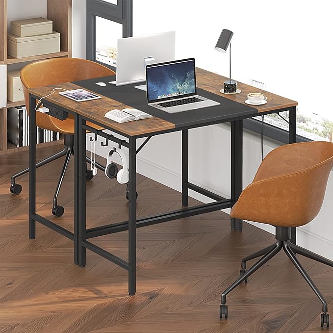 HOOBRO Computer Desk Bundle, L Shaped Gaming Desk with LED Light & Power Outlet, Storage Shelves & Drawer, 3 Hooks for Study Room, Home Office, Rustic Brown and Black BF40UDN01-BF18UDDN01