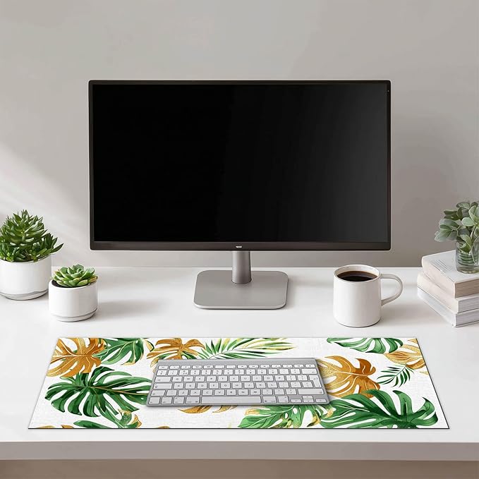 HOMETITUTE XL Mouse Pad 31.5 x 11.8 Inch Tropical Green and Gold Palm Leaf Desk Mat Extended Large Mousepad Non Slip Waterproof Desk Pad Keyboard Mat for Office Home Computer Accessories
