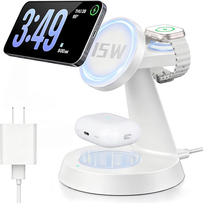 iPhone Charging Station 3 in 1 Wireless Charger for Apple Devices, 15W MagSafe Stand Compatible with iPhone 17 16 15 14 13 12 Pro Max Plus, Charging Dock for AirPods 4 3 2 & iWatch Series (White)