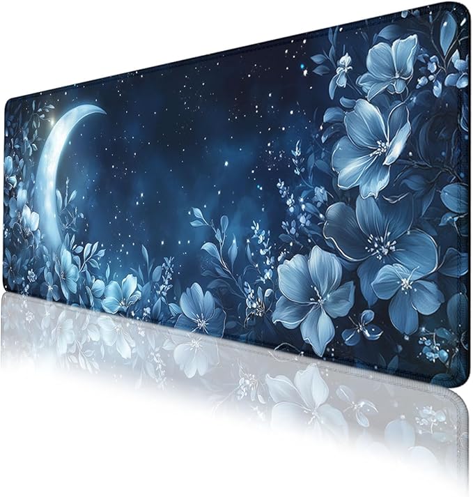 Crescent Mouse Pad Blue Silver Gem Flowers Crescent Stars Mousepad Extended Large Laptop Keyboard Non-Slip Rubber Base with Stitched Edges for Home 31.5x11.8 in