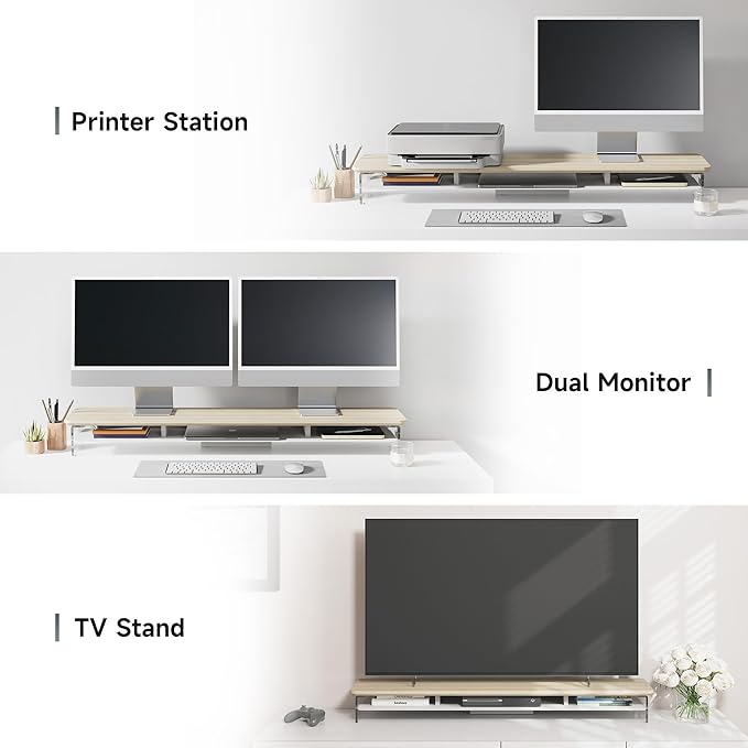 Fenge Acrylic Monitor Stand Riser, 42.5 Inches Dual Monitor Stand with Metal Storage, 2 Tier Acrylic Computer Riser for Desk, Clear Laptop Stand for PC, Laptop, Printer, TV, Oak