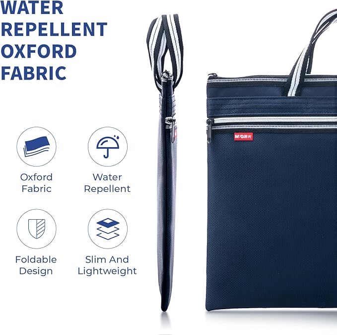 M&G Zipper Pouch with Handle 12x15 in Large Pocket File Bag, Double-Layer Large Capacity Waterproof, A4 Foldable Document Storage Bag, Suitable for Office Carrying Paper Documents Books 1 Pack (Blue)