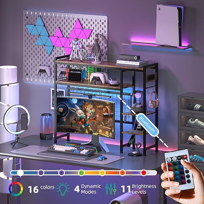 Desk Shelf for Top of Desk, 41.3" Desktop Organizer Shelf with Grid Panel & LED Lights, Desk Hutch for Computer Monitor, Wood Desktop Bookshelf for Home Office Dorm, with Power Outlets