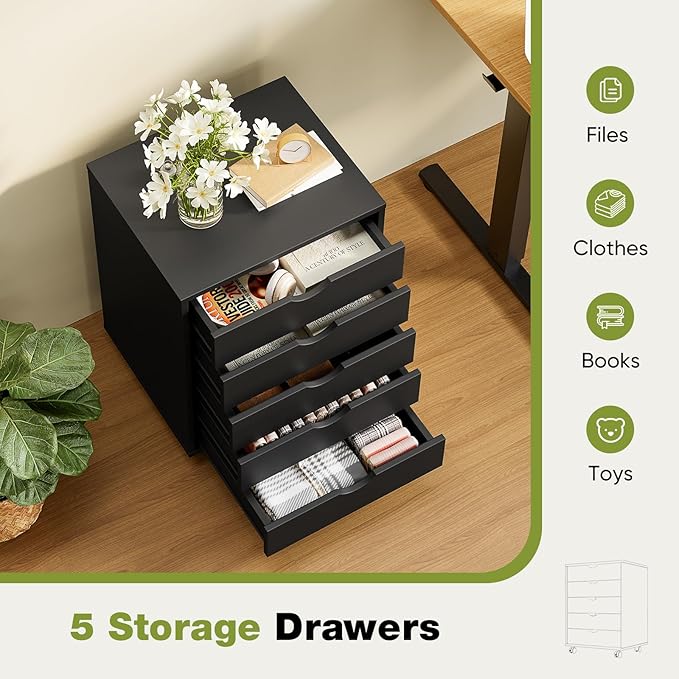 Sweetcrispy 5 Drawer Chest Mobile Storage Cabinets Small Wooden Dresser with Wheels Room Organization Furniture for Office Home, Rolling Vertical Organizer for Home Office, Black Wood