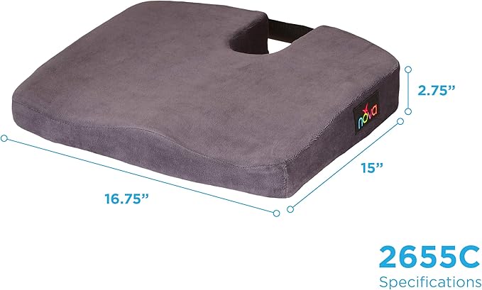 NOVA Medical Products Comfort Seat Cushion, Memory Foam Coccyx Cushion for Office Chair, Car, Wheelchairs & Benches, Waterproof Non-Slip Bottom, Super Soft Velour Removable & Washable Cover, Color: Charcoal Blue (2655C)