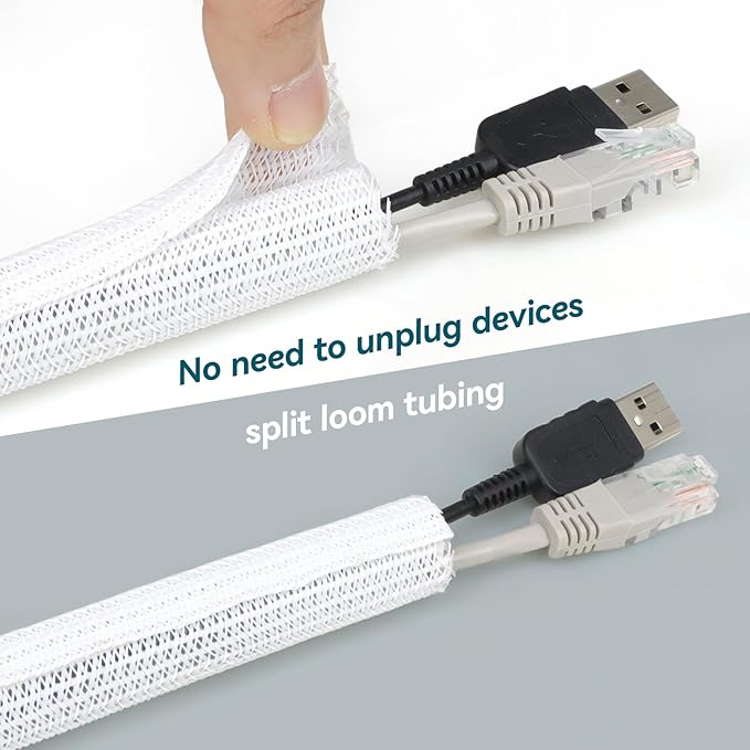 Wire Loom Tubing, 10ft Split Braided Cable Management Sleeve, Flexible Mesh Cord Protector Cable Sleeve for TV Computer (White, 5/8")
