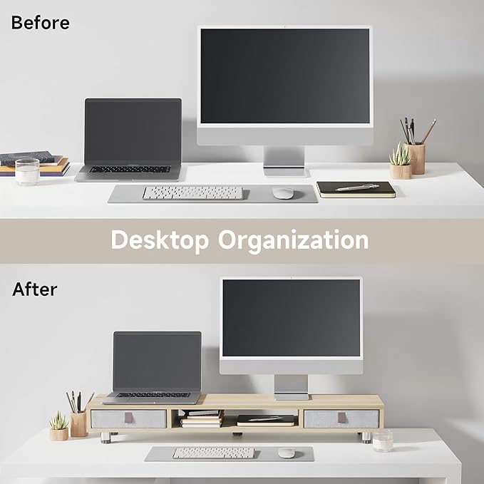 Fenge Monitor Stand, Dual Monitor Stand with 2 Drawers, Monitor Riser for 2 Monitors, Adjustable Height Computer Stand, Office Monitor Stands for Desk, Laptop, PC, TV, Printer