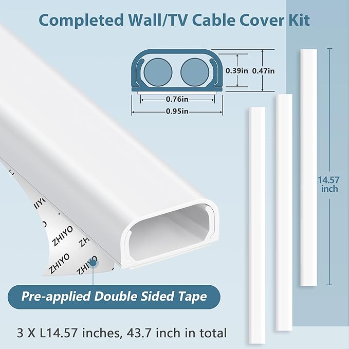 Wire Covers for 2-3 Cords, 43.7in Cord Hider, Wire Hiders for TV on Wall, Paintable Cable Cover Channel, Cable Management Raceway Kit for Wall Mounted TV in Home Office, 0.95in W X 0.47in H, Black