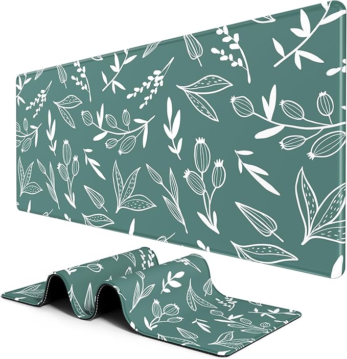 BOSOBO XXL Extended Gaming Desk Mat - Desktop Full Cover 35.5 x 15.7 Inches, Minimalist Green Flowers