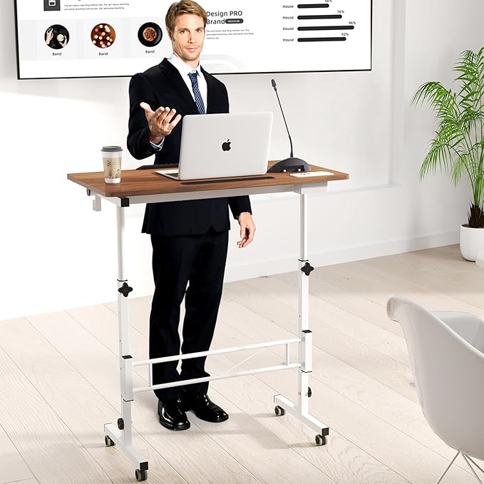 SIDUCAL Small Standing Desk with Charging Station, Portable Stand Up Desk for Walking Pad & Treadmill, Mobile Computer Workstation Adjustable Height, Tilted Desktop, 31.5” Vintage Oak