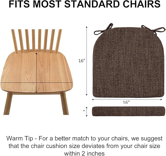 Wellsin Chair Cushions for Dining Chairs 4 Pack - Kitchen Chair Cushions with Ties and Non-Slip Backing - Dining Chair Pads 16"X16"X2", Brown