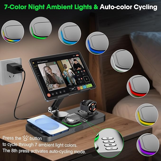 30W Tablet Wireless Charger for Samsung, Foldable Android Charging Station with Clock Display with 7-Color Light, Wireless Watch Charger for S25, Only Compatible Samsung Watch, Galaxy Buds3 Pro(Black)