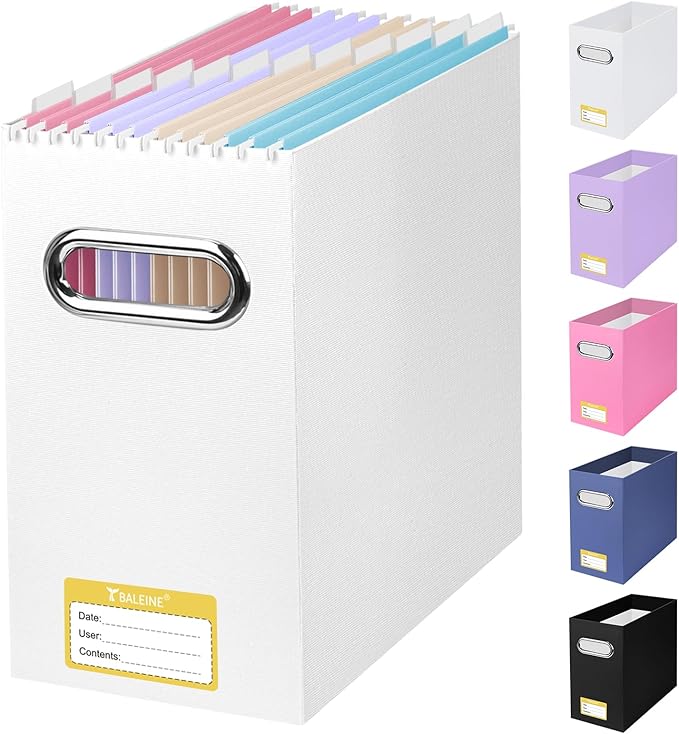BALEINE File Organizer Box, Cardboard File Folder Organizer with Handle for Letter Size, Portable Collapsible Hanging Filing Box for Home Office Document Storage (1 Pack, White)