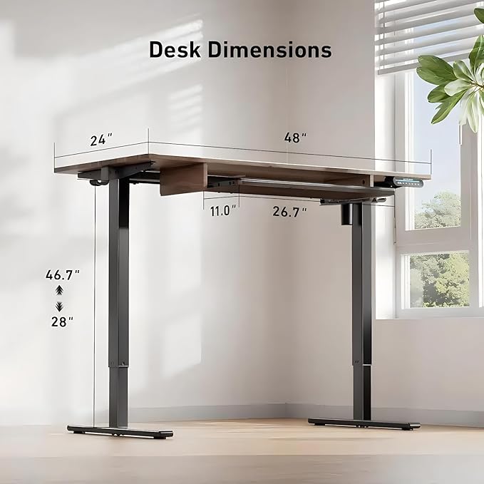 HUANUO Standing Desk Adjustable Height, 48" x 24" Electric Stand Up Desk for Home Office with Large Keyboard Tray(26.7"), 4 Memory Height Setting, Computer Workstation, Walnut