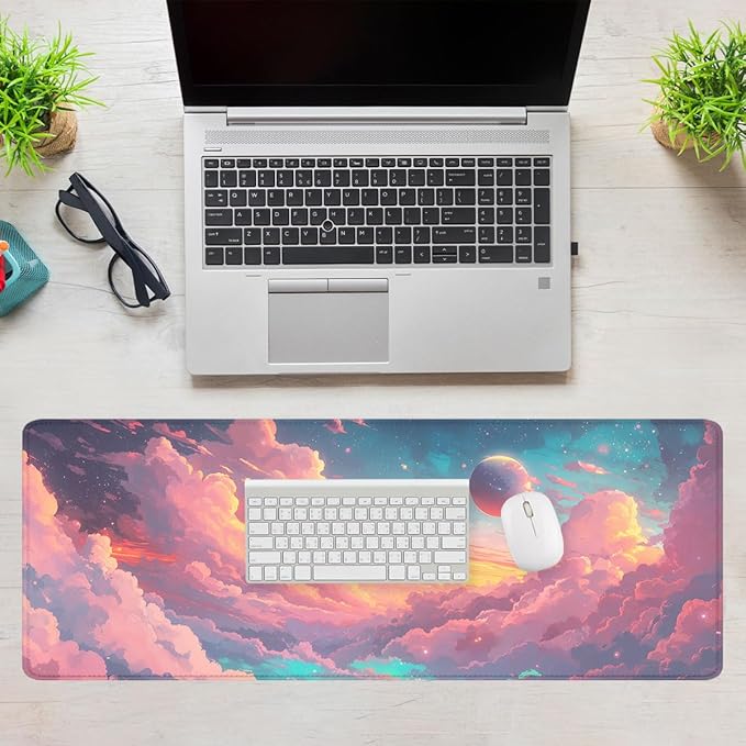 Cartoon Sky Gaming Mouse Pad Retro Comics Colorful Clouds Planets Desk Mat, Non-Slip XL Computer Big Mouse Mat with Keyboard Pad for Work, Gamer, Office, Home 31.5x11.8 in