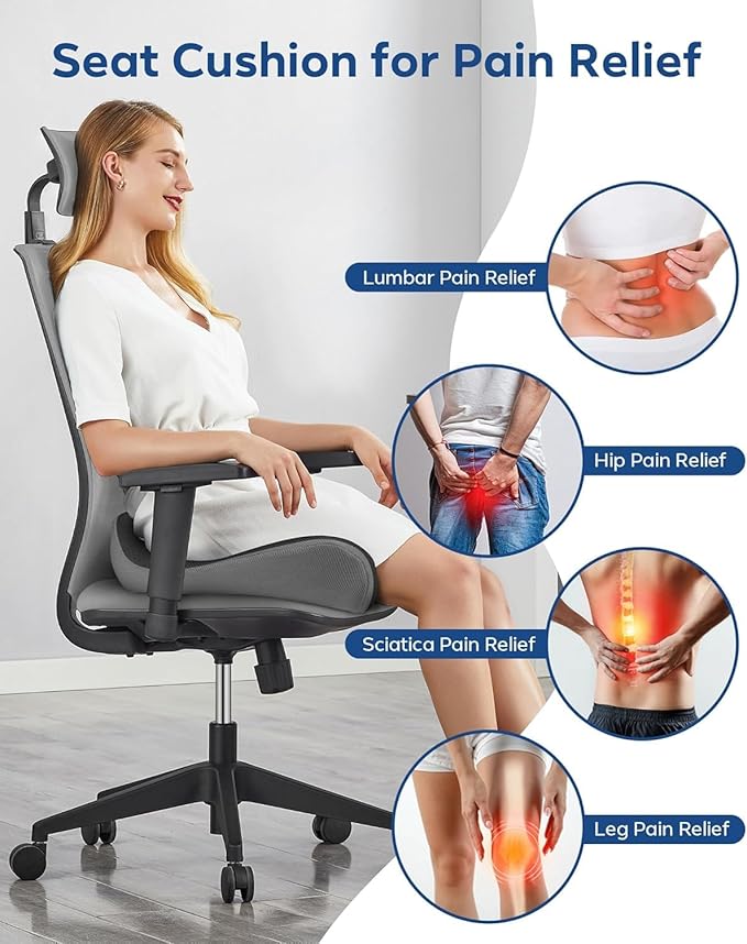 Feagar Seat Cushion for Office Chair - Memory Foam Tailbone Cushion for Desk Chair, Car Seat and Wheelchair - Ergonomic Chair Pad for Hip and Lower Back Comfort Gray