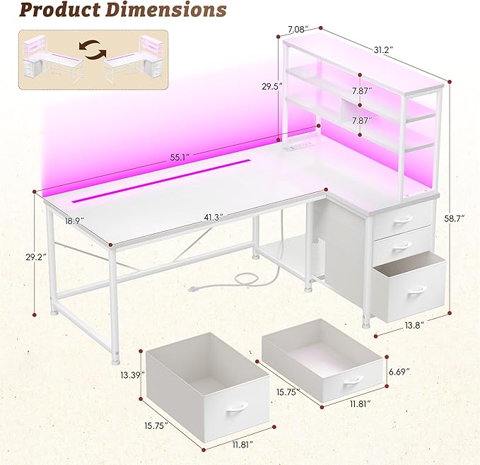 DurayLoly 55''L Shaped Desk Gaming Desk with 3 Fabric Drawers & Shelf, 55 Inch Computer White Desk with Remote LED Lights, Power Outlet of Corner Desk for Home Office,Vanity Desk for Bedroom,White