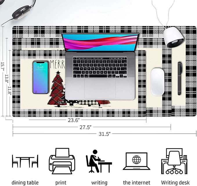 Christmas Desk Mat, Buffalo Plaid Christmas Trees Merry Xmas Large Mouse Pad for Desktop, PU Leather Waterproof Desk Pad, Computer PC Laptop Protector Gaming Mouse Pads for School Office Home