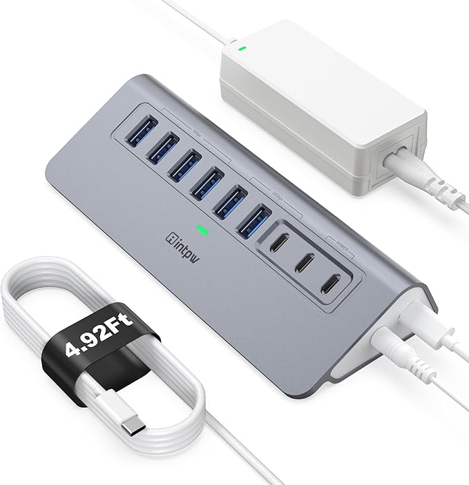 Powered USB Hub 10Gbps, intpw YH6AC 9-Port USB HUB with 10Gbps USB A/USB C 3.2, 4 USB 3.0, 2 PD 45W Charging Port, 65W Power Adapter + 4.92FT Cable, Aluminum USB Hub for Laptop, PC,iPhone 17/16