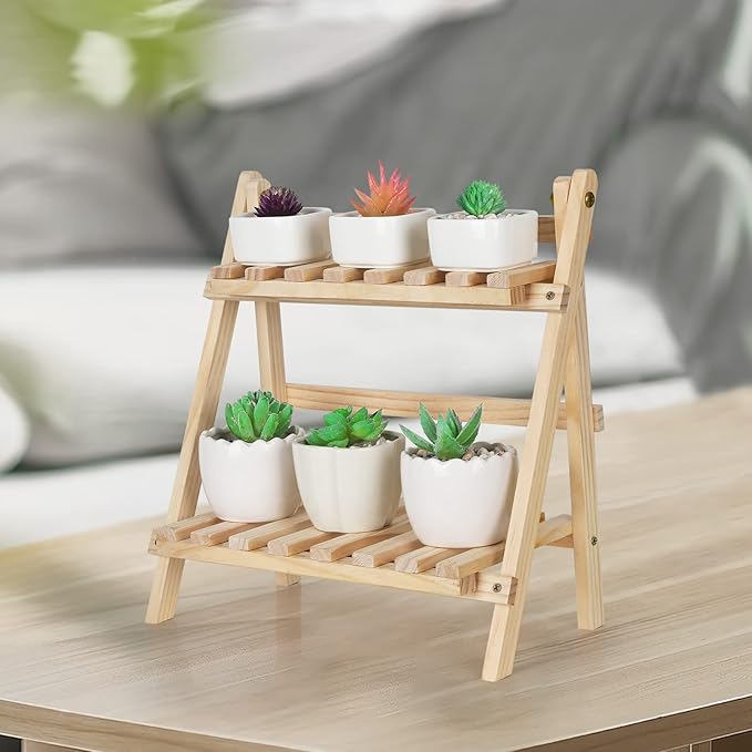 Jotsport 2-Step Desktop Storage Organizer Foldable 2 Tier Ladder Plant Stand Wood Display Shelf Decorative Storage Rack for Table Top