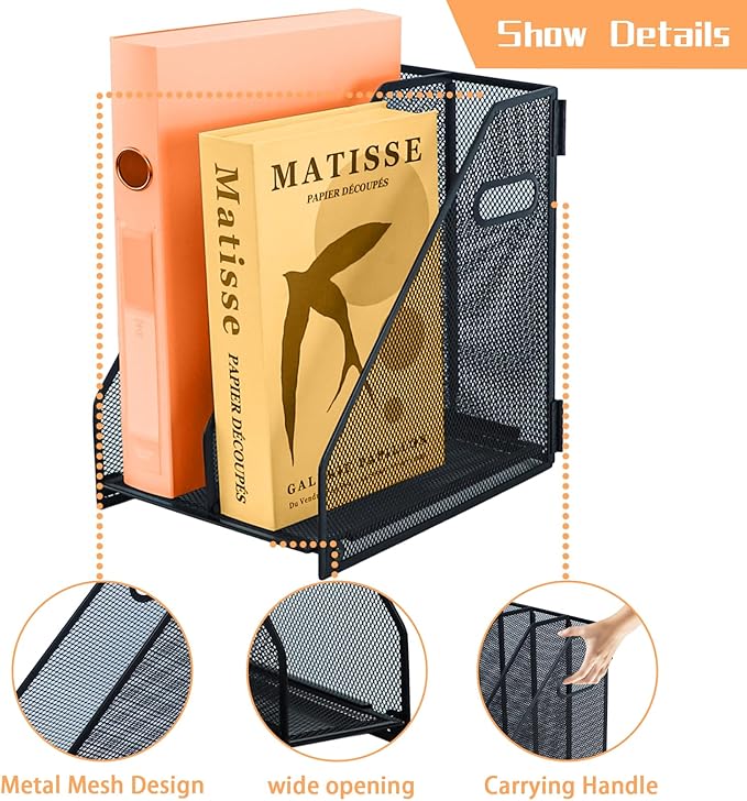 2 compartments metal file racks metal Mesh Desktop Organizer for Desk, Storage Binder Organizer for Office Desktop, Home Workspace and School
