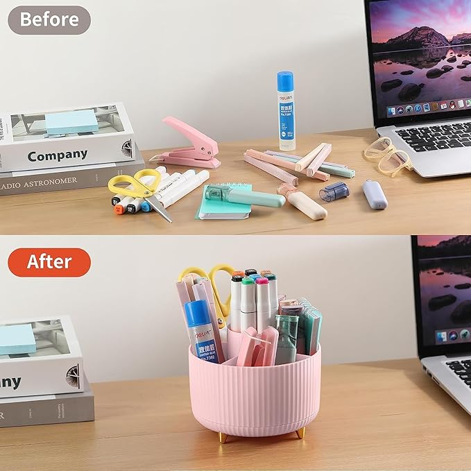 Pencil Pen Holder for Desktop, 360 Degree Rotating Pencil Holder for Desk Organizer, 5 Slots Rotating Desk Pen Organizer for Office School Home, Pink