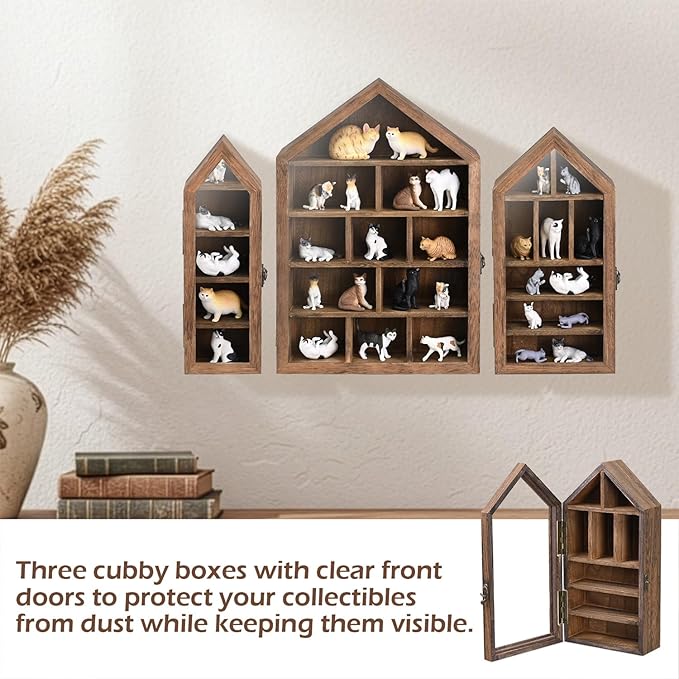 Ikee Design 3 Pcs Set Wall-Mounted House-Shaped Wooden Shadow Cubby Box Display Shelf with Door Storage Display Case for Collectibles, Trinkets, Mini Figures, Brown Color, 21.1W x 3.1D x 14.8H in