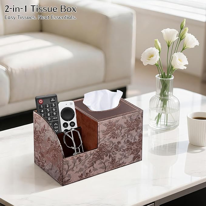 Square Tissue Box Cover with Storage, PU Leather Cube Tissue Box Holder, Remote Control Nightstand Organizer, Modern Desk Caddy for End Table, Bathroom, Bedroom, Home, Office Decor