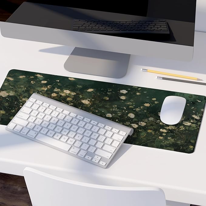 Green Yellow Floral Desk Mat,Green and Yellow Mouse Pad, Abstract Floral Spring Desk Mat,Big Large Spring Abstract Oil Painting Desk Pad,Preppy Girly Summer Desktop Decor Art,31.5x11.8In