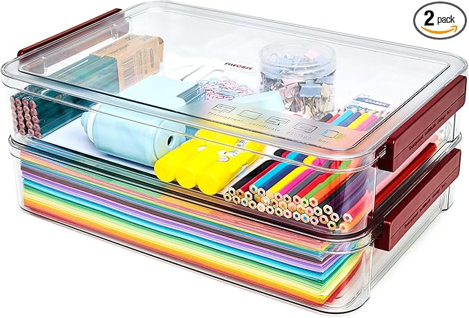 CATOOMUU 5.5qt Portable Project Case 9 X 13 Clear Stackable Plastic Storage With Lids Organizer Containers File Box For Letter A4 Paper Photo Documents Scrapbook Craft Art School Supplies, 2 Pcs