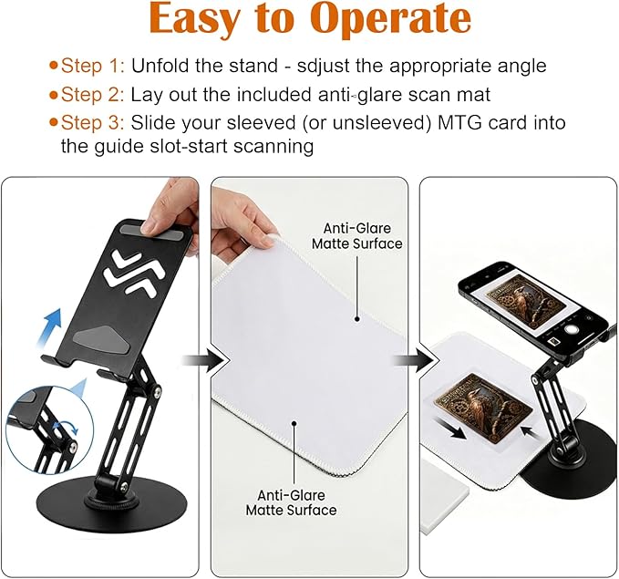 Foldable Trading Card Scanner Stand, Carbon Steel Phone Holder with Scanning Pad and 100 Standard Sleeves, for Sleeved/Unsleeved Collectible Cards, Compatible with iOS and Android
