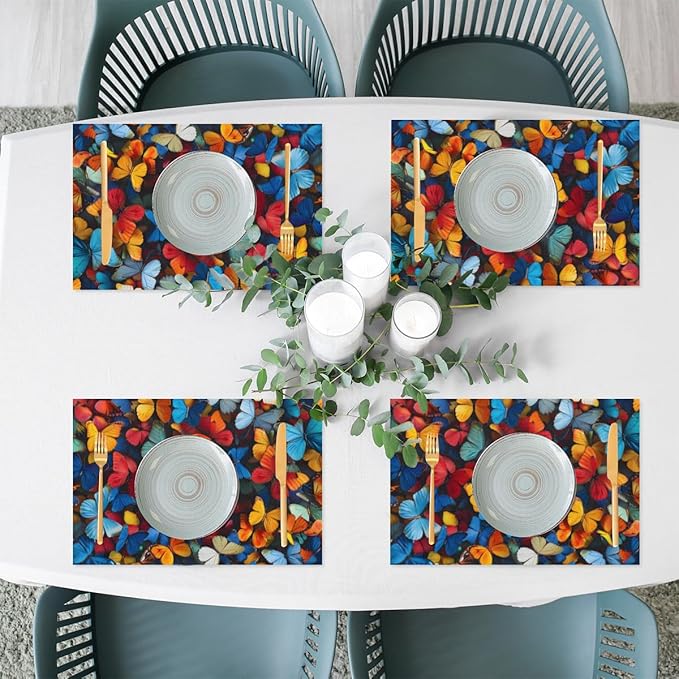 Placemats Set of 4 Heat-Resistant Rectangle Place Mats Vintage Art Butterfly Washable Plastic PVC Dining Table Mat Non-Slip Wipeable Woven Vinyl Placemat for Kitchen Patio Table Decor