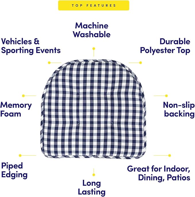 Sweet Home Collection Chair Cushion Memory Foam Pads Tufted Slip Non Skid Rubber Back U-Shaped 17" x 16" Seat Cover, 4 Count (Pack of 1), Checkered Navy/White