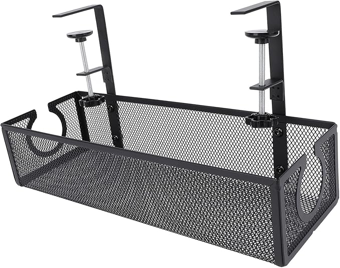 SUNGOOYUE Under Desk Cable Management Tray, No Drill Carbon Steel Cable Organizer with Scratch Pads and Trapezoidal Design, for Home Office Standing Desk Wire Management (Black)