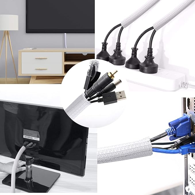 10ft - 3/4 inch Braided Cable Management Sleeve Cord Protector - Self-Wrapping Split Wire Loom for TV/Computer/Home Theater/Engine Bay - White