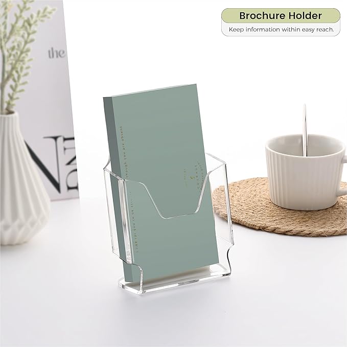 YUXUN Acrylic Brochure Holder 4x9inch,Clear Countertop Display Stand,Pamphlet Holder for Trifold 4 Inch Flyers,Booklets,Menu,Leaflets,Photocards for Office,Home,Store,1 Pack,A6