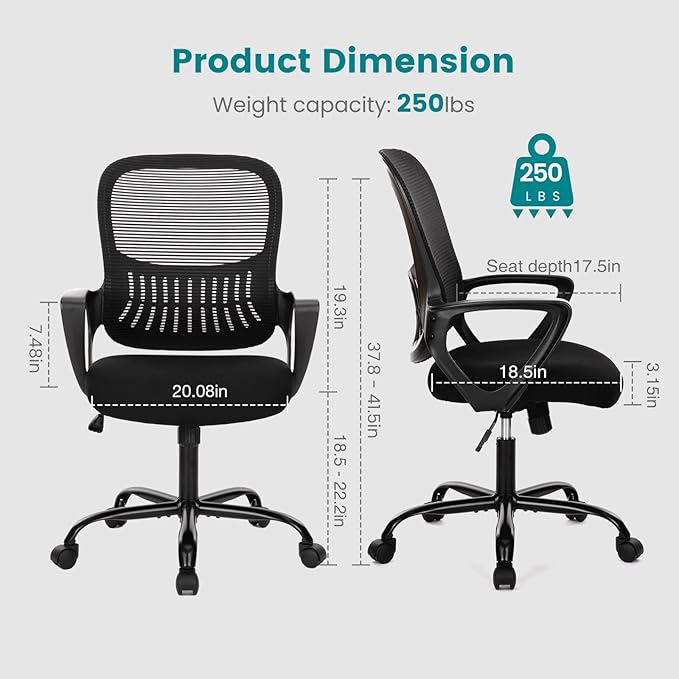 DUMOS Home Office Desk Chair - Ergonomic Mid Back with Lumbar Support & Rocking Mode, Height Adjustable with Fixed Armrest, for Conference, Computer, Meeting Room, 360° Swivel, Adults, Adults, Black