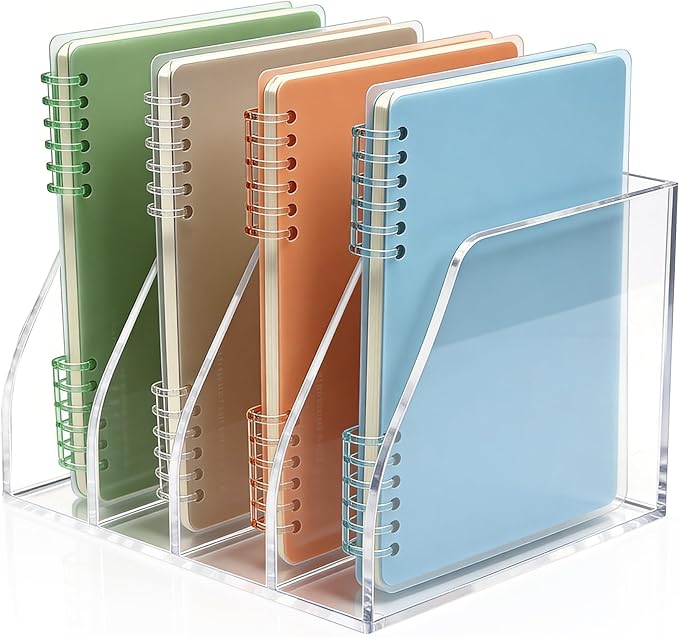 Acrylic Magazine File Holder, 4 Vertical Compartments Desk Document Sorter Organizer, Clear Folder Rack Binder for Office, Tablets, Magazines, Books – Home/Classroom Rack, 5mm Thick