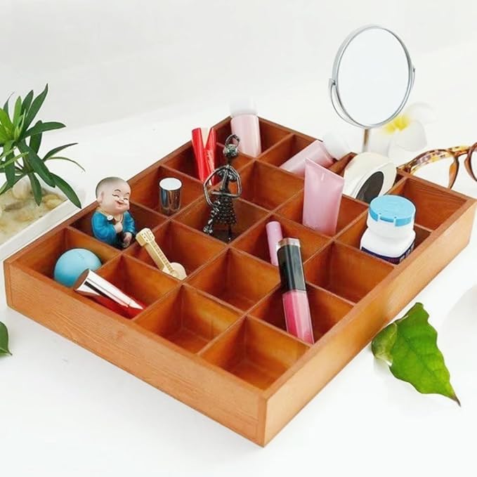 1 Pcs 13.4''x10.6''x2'' Wooden Storage Divider Box Showcase Display Box Organization Tray Display Holder with 20 Compartments for Home Craft Office Kitchen Storage (Vintage Color)