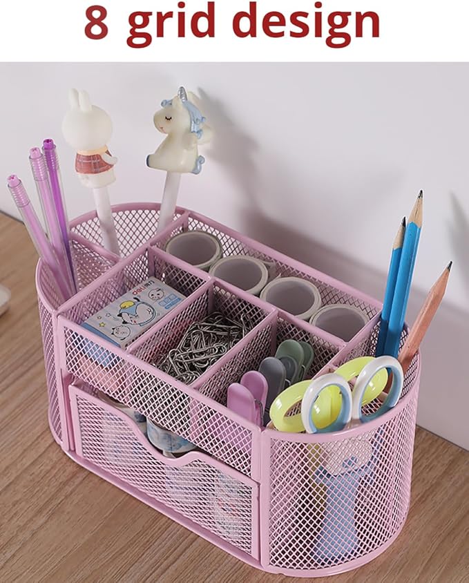 Wire Mesh Desk Organizer, Pink Pen Holder and Desk Organizer with Compartments, Desk Drawer Organizers and Accessories for Office School Home Supplies Teacher Students