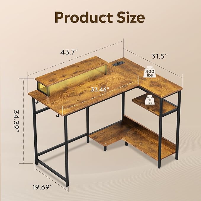 DEVAISE Compact 43" L Shaped Gaming Desk with LED Lights and Power Outlets - Corner Computer Table with Monitor Stand and Storage Shelves for Work and Gaming, Rustic Brown
