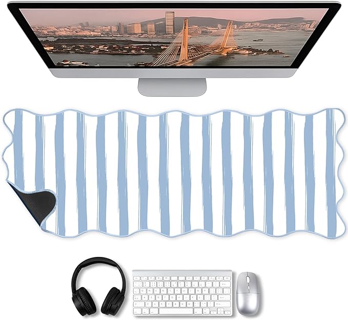 Copkim 1 Pcs Blue Scalloped Striped Desk Mat 31.5 x 11.8 Inch Large Cute Mouse Pad Computer Mat Non Slip Waterproof Rubber Base with Border Stitching Soft Keyboard Pad for Home Office Gaming Makeup