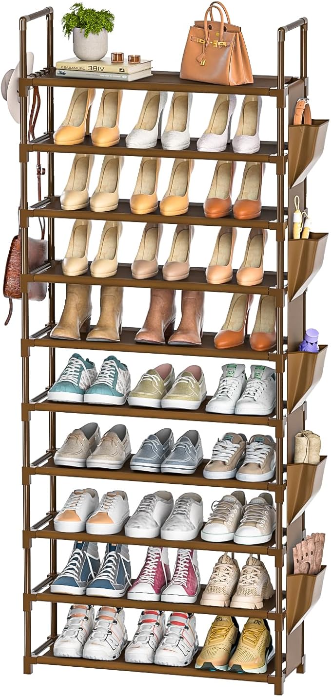 LUKYTOWER Tall Shoe Rack - 10 Tier Organizer for Closet, 30-35 Pairs, Large Capacity with 5 Hooks and Side Pocket, Sturdy Shoe Shelf, Vertical Shoe Stand Tower
