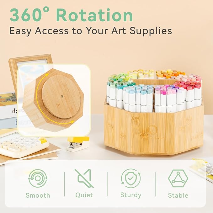 Ohuhu Rotating Marker Organizer for Alcohol Markers, 360° Rotating Bamboo Storage Hold 162 Honolulu& B Alcohol Markers, Pens Pencil Holder with 10 Compartments for Home Classroom Office Decor