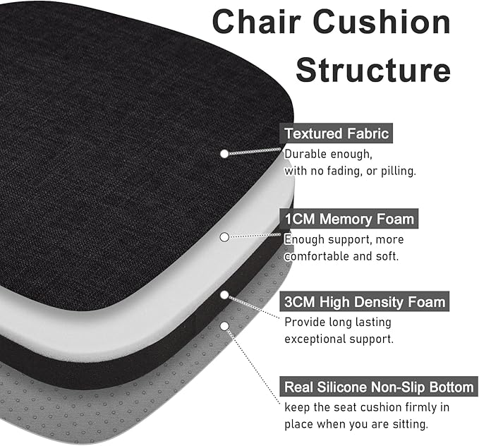 baibu 14x14 Memory Foam Metal Chair Cushions Set of 2, Dual-Layer Design Non-Slip Metal Dining Chair Pads Kitchen Seat Cushion with Machine Washable Cover, 2 Counts, Black