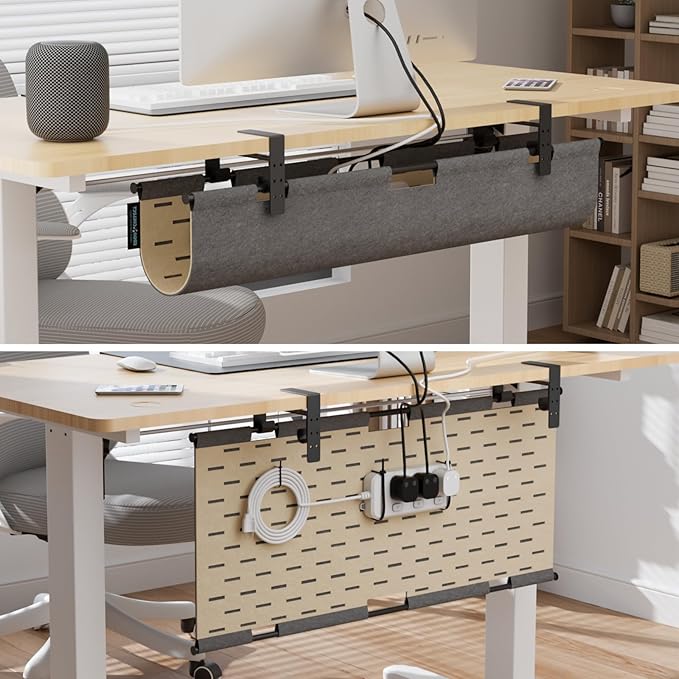 No Drill Under Desk Cable Management Tray, 30" Felt Cord Organizer for Table, Clamp/Screw Mount Wire Management with Privacy Panel for Standing Desk & Home Office (Gray/Khaki)