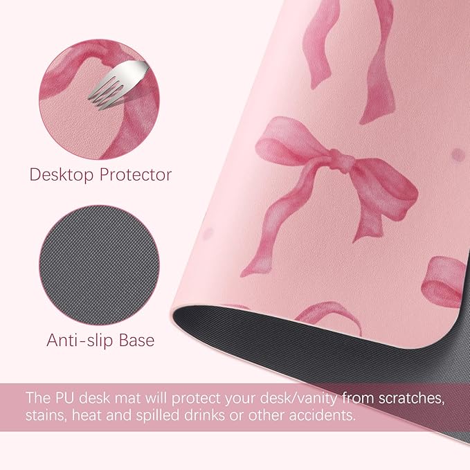 Pink Desk Mat, Large Mouse Pad Pink Bow Keyboard Mat Computer Pad, Cute Girly Pink Desk Accessories, PU Leather Desk Pad Protector, Waterproof Desk Blotter Writing Pad Non-Slip Base, 31.5 x 15.7