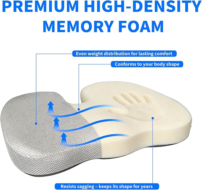 Coccyx & Tailbone Support Seat Cushion for Office & Car – Ergonomic U-Cutout Memory Foam for Sciatica, Pressure Relief, All-Day Comfort – Perfect for Desk Chair, Driving, Travel (Grey)