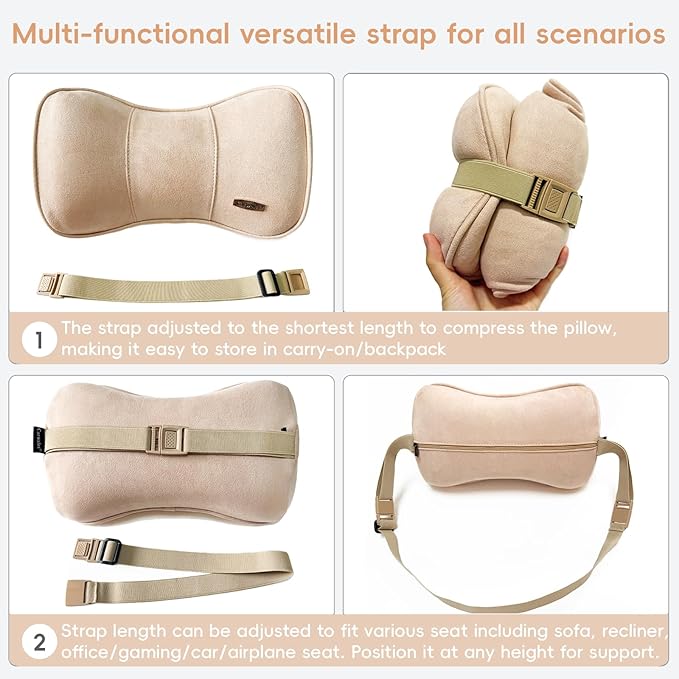 Carwales Car Neck Cushion Recliner Headrest Pillow for Office Chair Couch Memory Foam Lower Back Support Lumbar Pain Relief Ergonomic Design Extension Adjustable Strap Fits Driving Car Tan 1 Pack